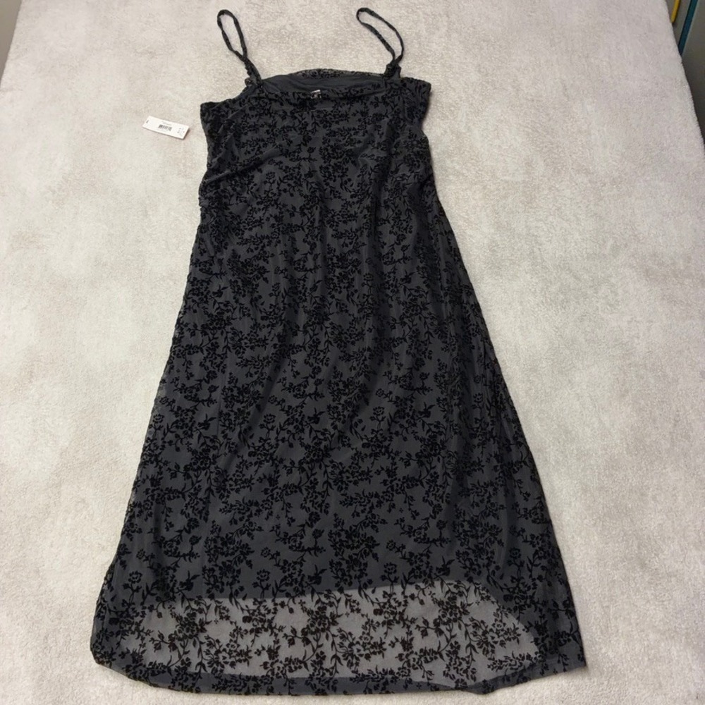 NWT Velvet Burnout Ruched Black Floral Midi Dress Lined Womens Large - Picture 8 of 10
